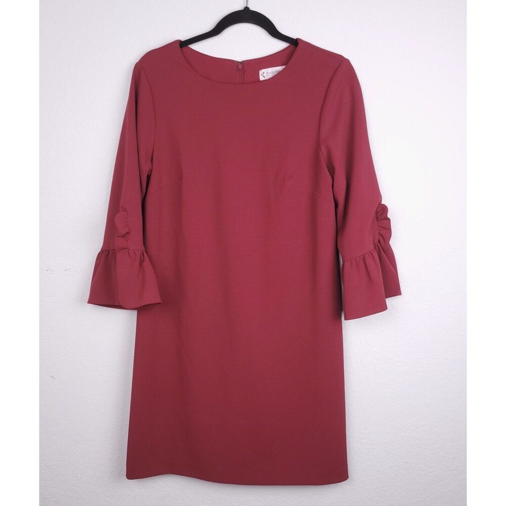 Nanette Lepore Sheath Dress Size 8 Burgundy Wine 3/4 Bell Ruffle Sleeve Back Zip